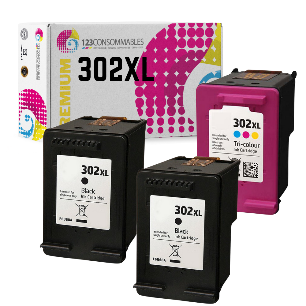 MaxiPack 3 cartouches compatible avec HP 302 XL (2 noirs + 1 couleur)